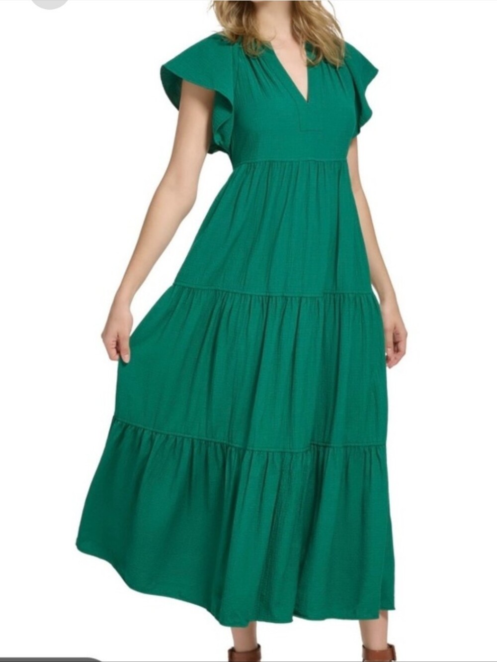 Calvin Klein Emerald Green Tiered Flutter-Sleeve Maxi Dress